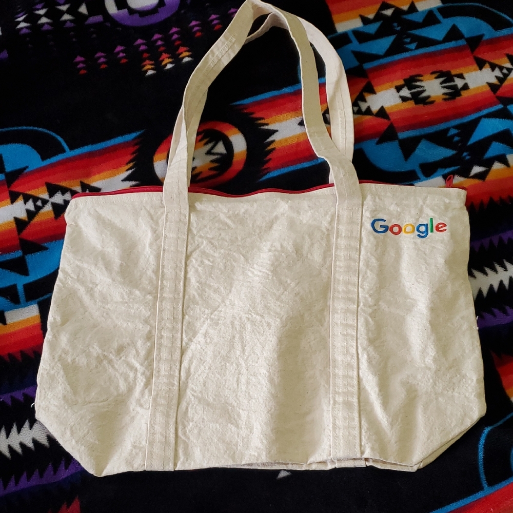 Google Logo Vintage Tote Bag Canvas Cotton Shoulder Book Bag Zipper Embroidered